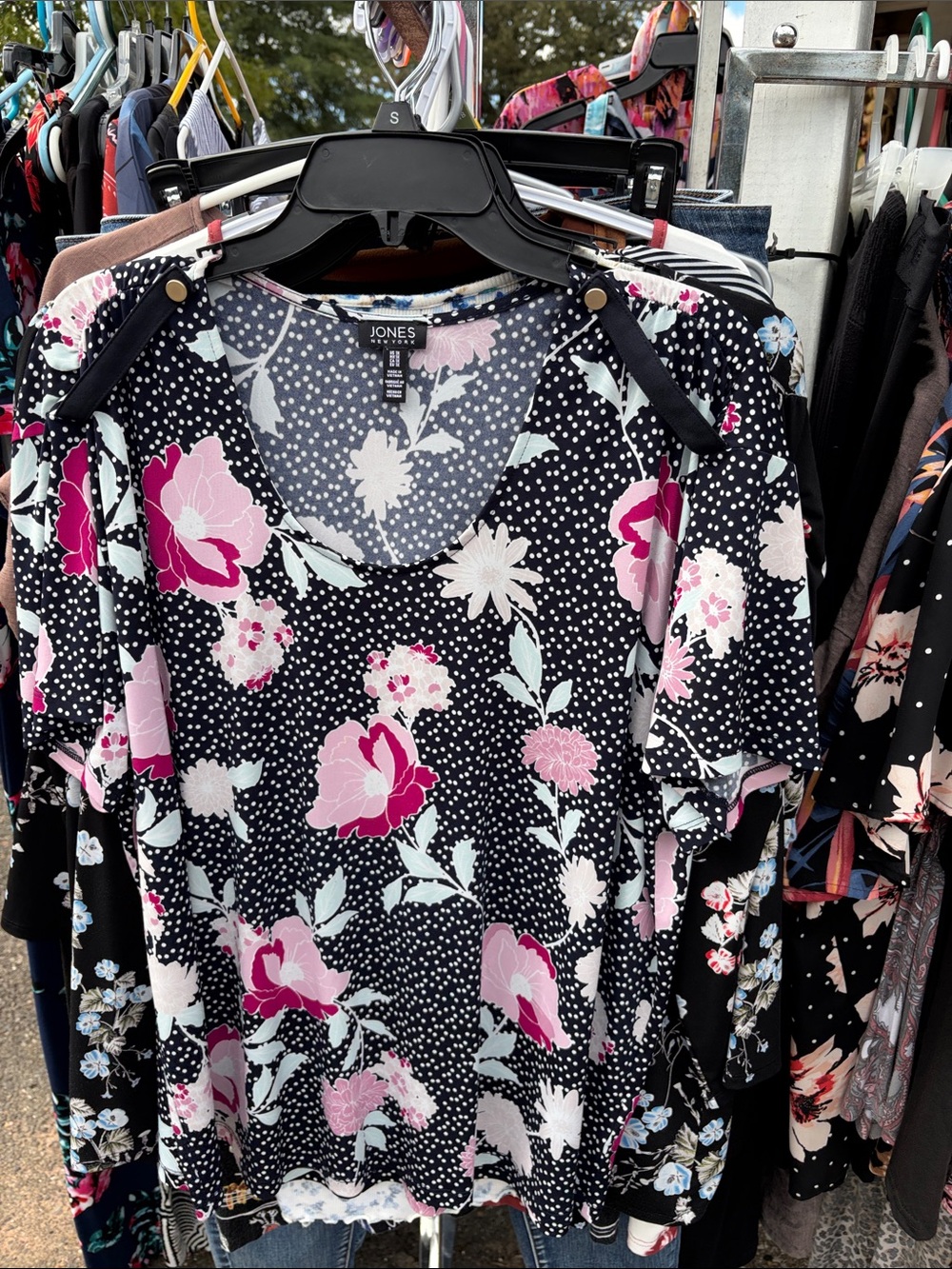 Jones New York Black Floral V-Neck Tee with Pink and Light Blue Blooms